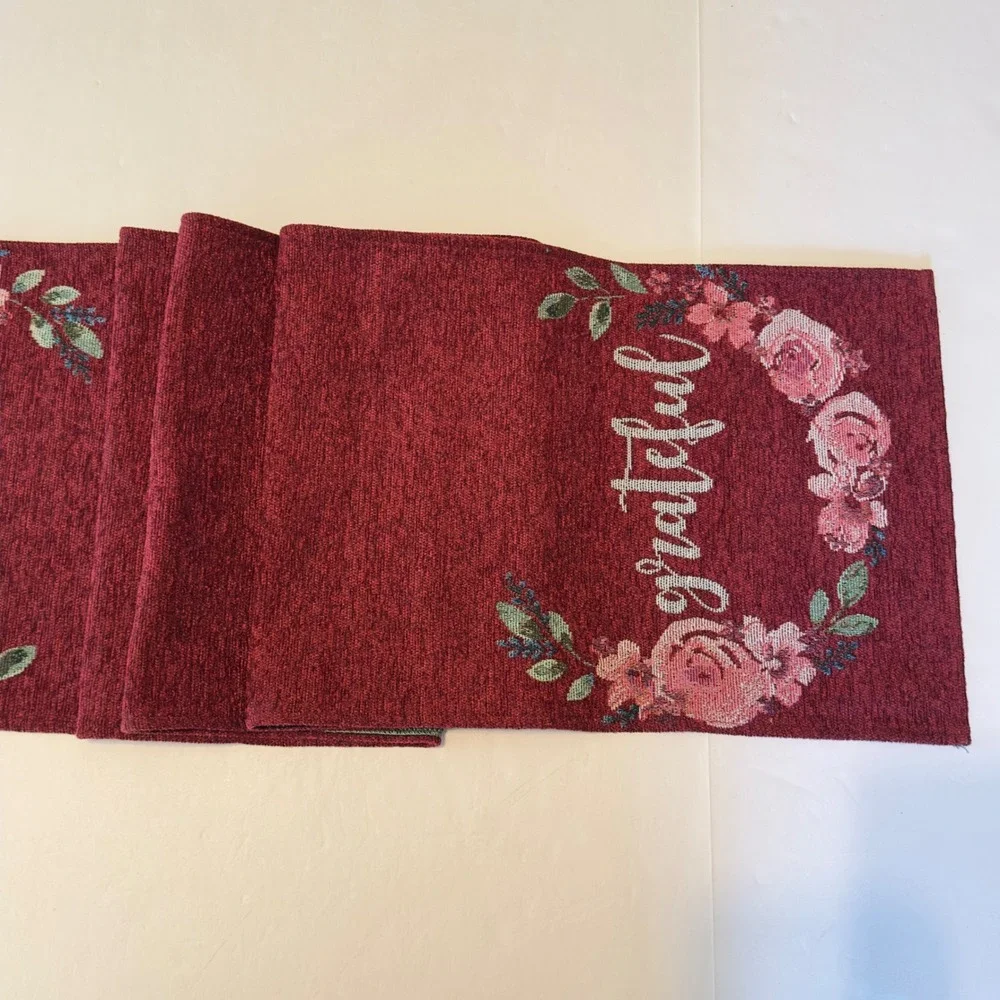 Grateful Floral‎ Tapestry Table Runner Burgundy Wine 70x12.5 Thanksgiving Fall